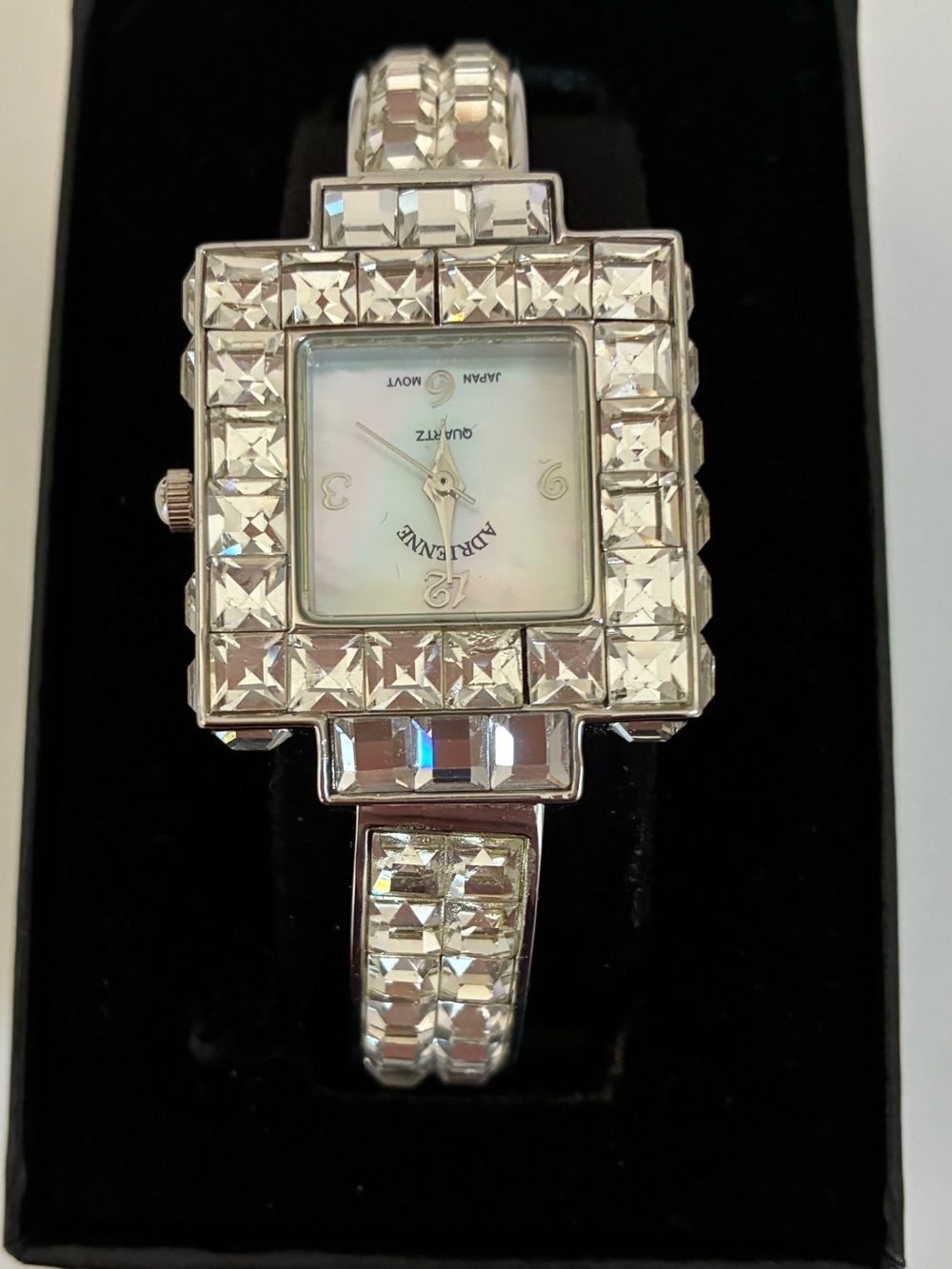 Real Collectibles by Adrienne Silver-Tone Crystal Square Bracelet Watch - NIB